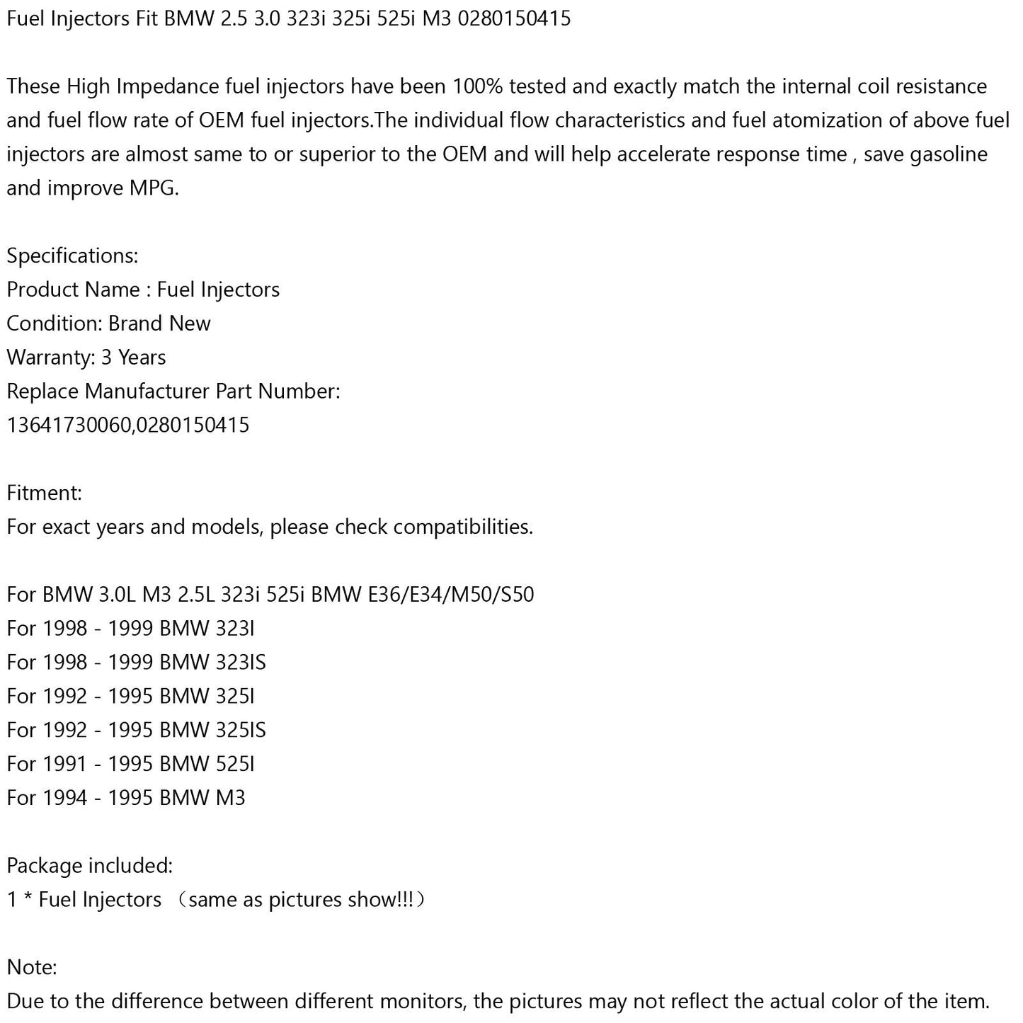 Fuel Injectors Fit For BMW 2.5 3.0 323i 325i 525i M3 0280150415 13641730060