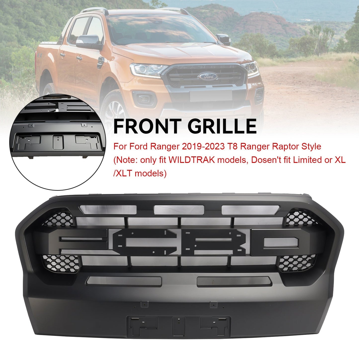 2019-2023 Matt Black Ranger Raptor Style Front Bumper Grille Fit Ford Ranger T8