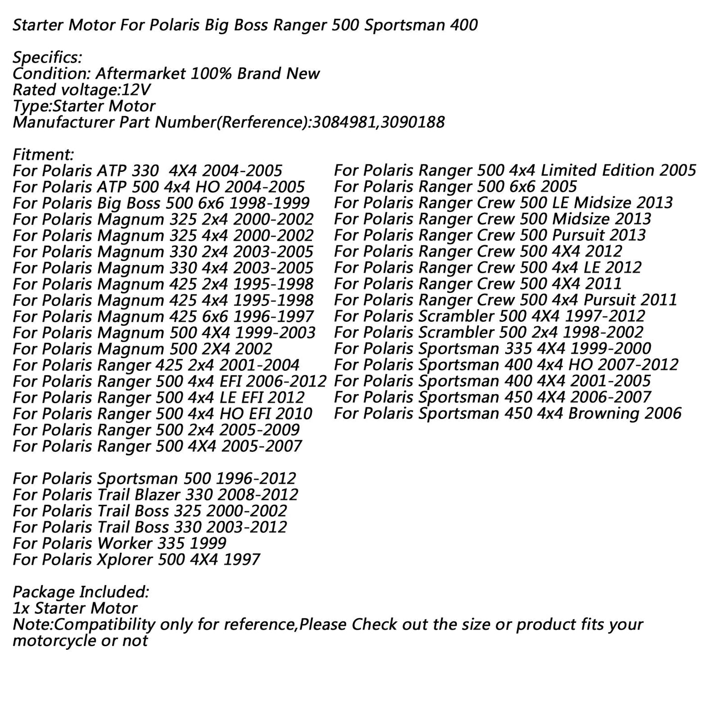 Electric Starter Motor for Polaris Magnum 325 Ranger 500 425 Sportsman 3084981 Assosary