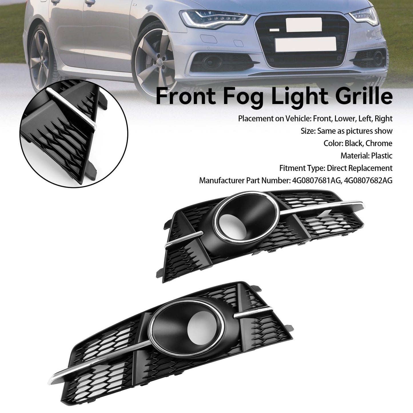 2016-2018 Audi A6 C7 A6l Fog Light 4G0807681AG 4G0807682AG Front Bumper Lower Grill Generic