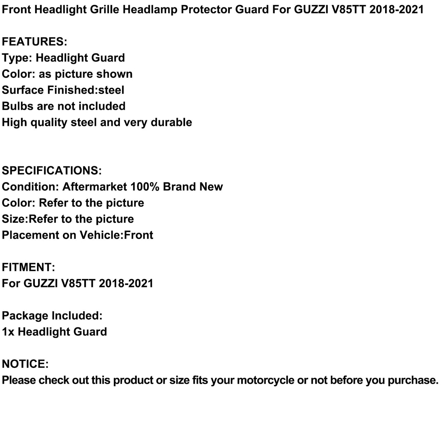 Grille de protection de phare avant noire pour Guzzi V85Tt 18-21 19