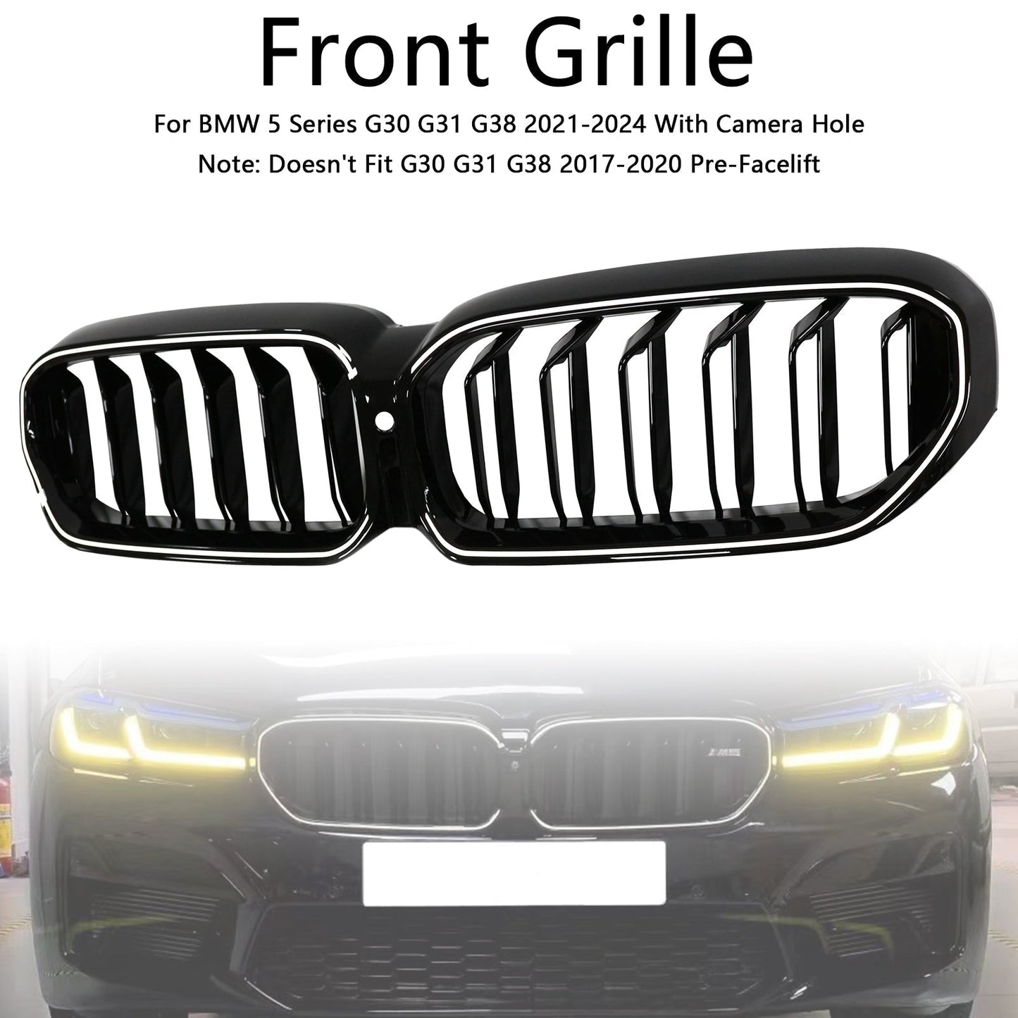 2021-2024 BMW 5 Series G30 G31 G38 Double Slat Front Kidney Grille Gloss Black