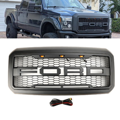 Raptor Grill For 2011-2016 Ford 250 350 450 550 Super Duty Front Bumper Honeycomb Black Grille W/ LED & Letter