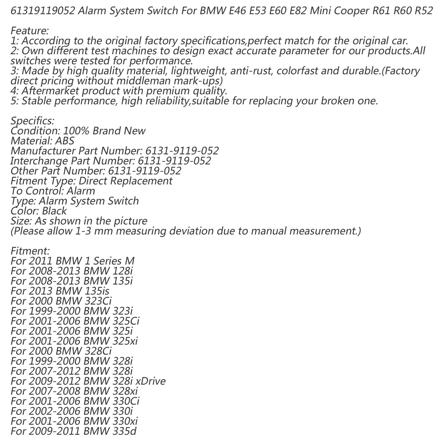 61319119052 Alarm System Switch For BMW E46 E53 E60 E82 Mini Cooper R61 R60 R52