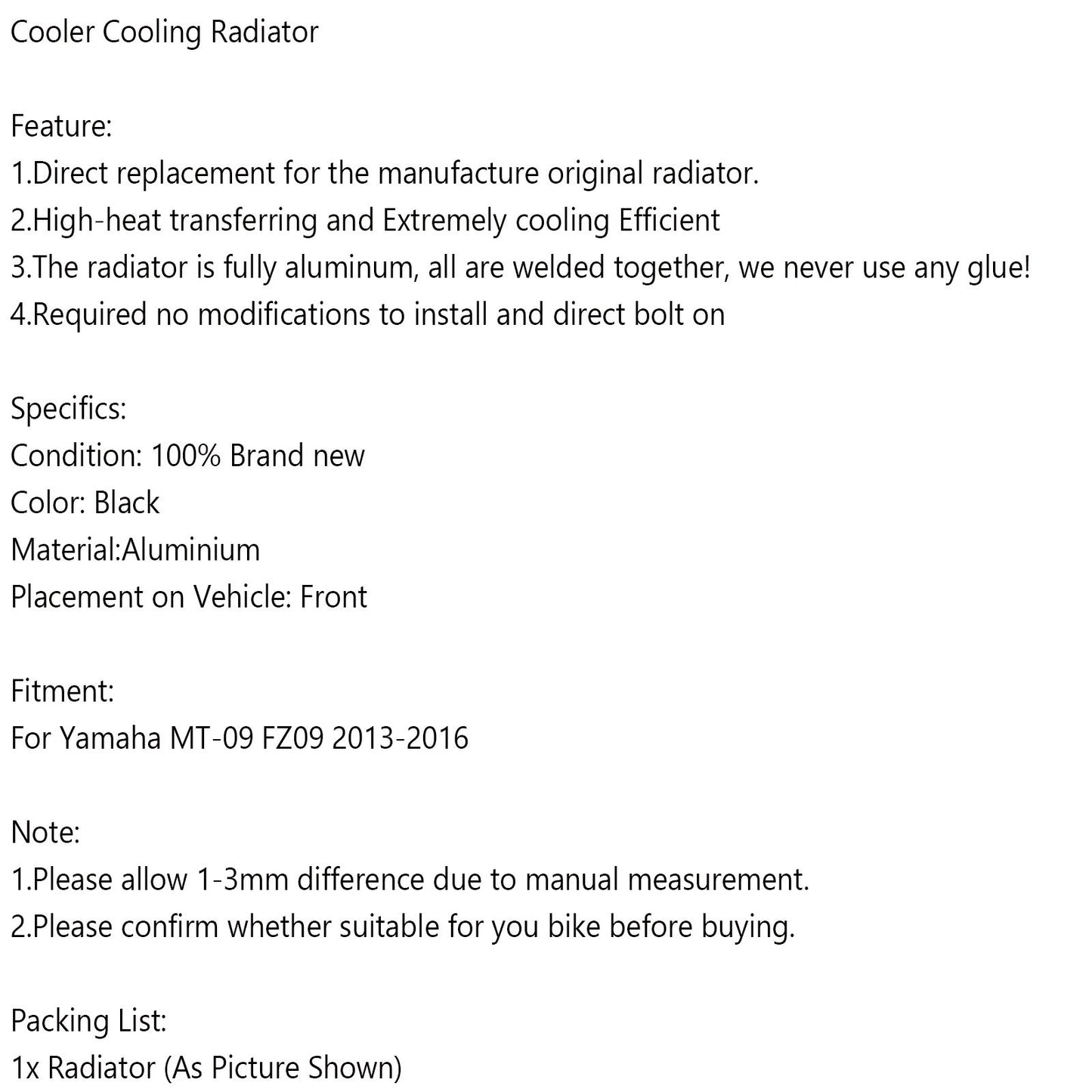 Radiador de refrigeración por agua del motor para Yamaha MT-09 FZ09 (2013-2016)