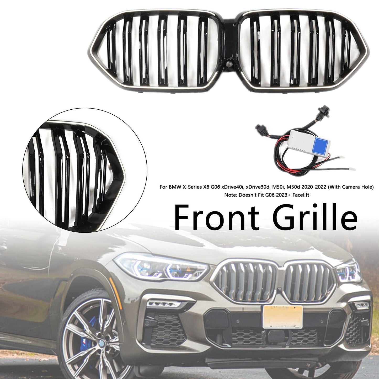 2020-2022 BMW X6 G06 M50i Gloss Black Front Bumper Grille W/Camera Hole