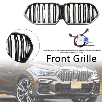 Gloss Black Front Bumper Grille Fit BMW X6 G06 M50i 2020-2022 W/Camera Hole