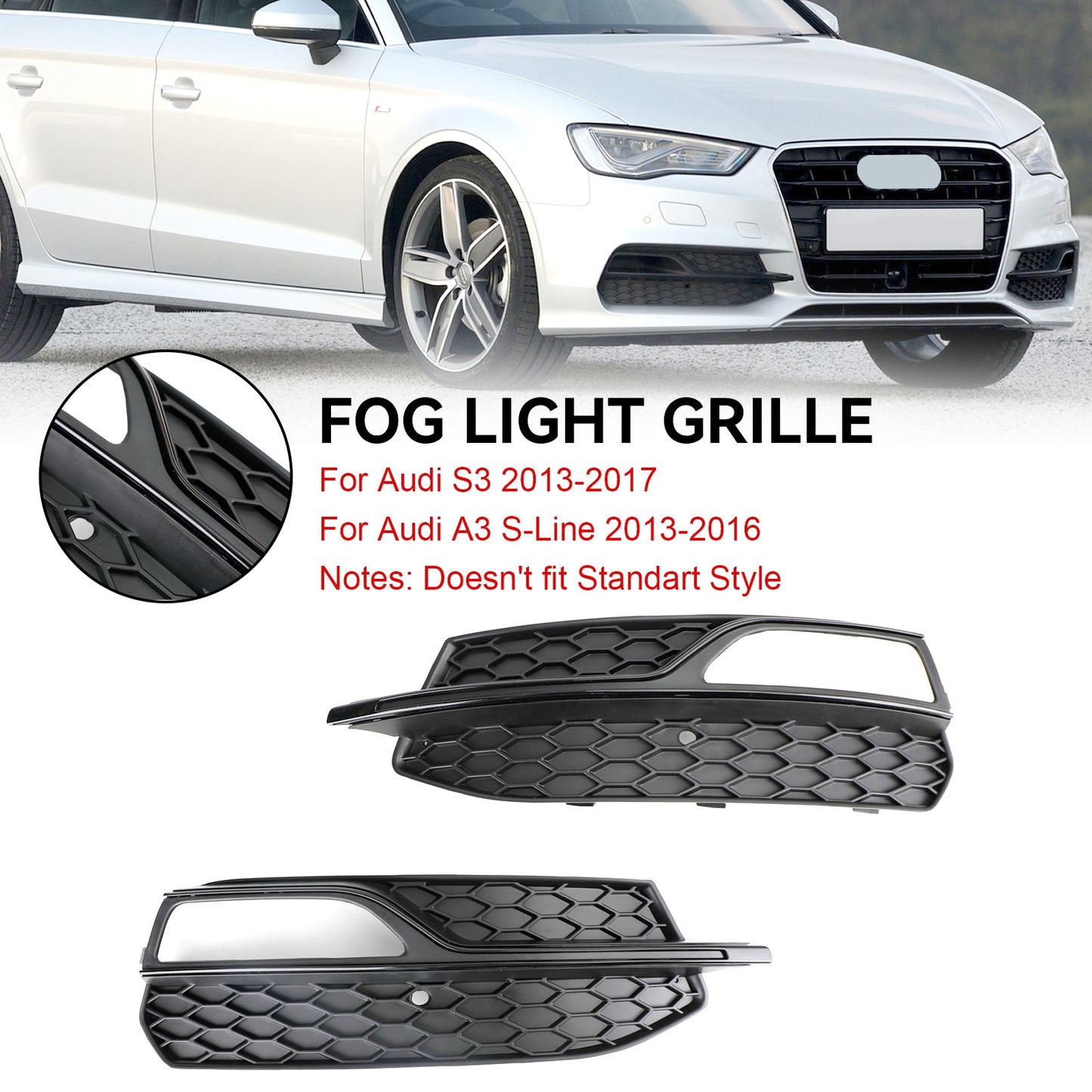 2013-2016 Audi A3 S-Line / S3 Lower Bumper Fog Light Cover Grille Replacement Honeycomb Grill 8V3807681G 8V3807682G
