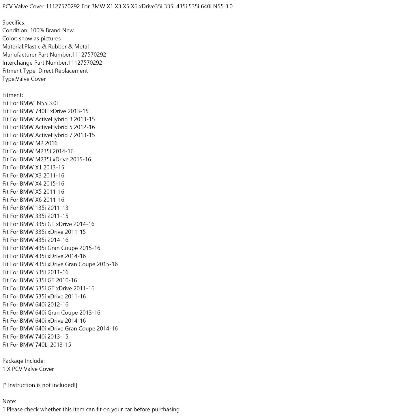 Couvercle de soupape PCV 11127570292 pour BMW X1 X3 X5 X6 xDrive35i 335i 435i 535i N55 3.0