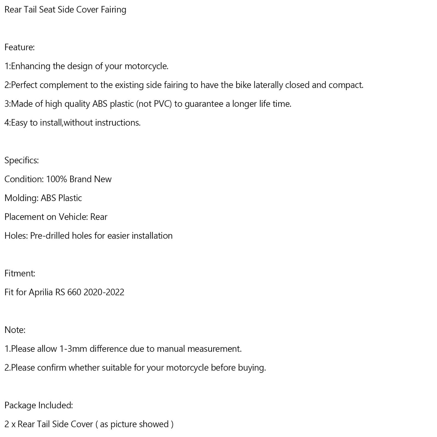 Carenado lateral del asiento trasero de fibra de carbono ABS para Aprilia RS 660 2020-2022