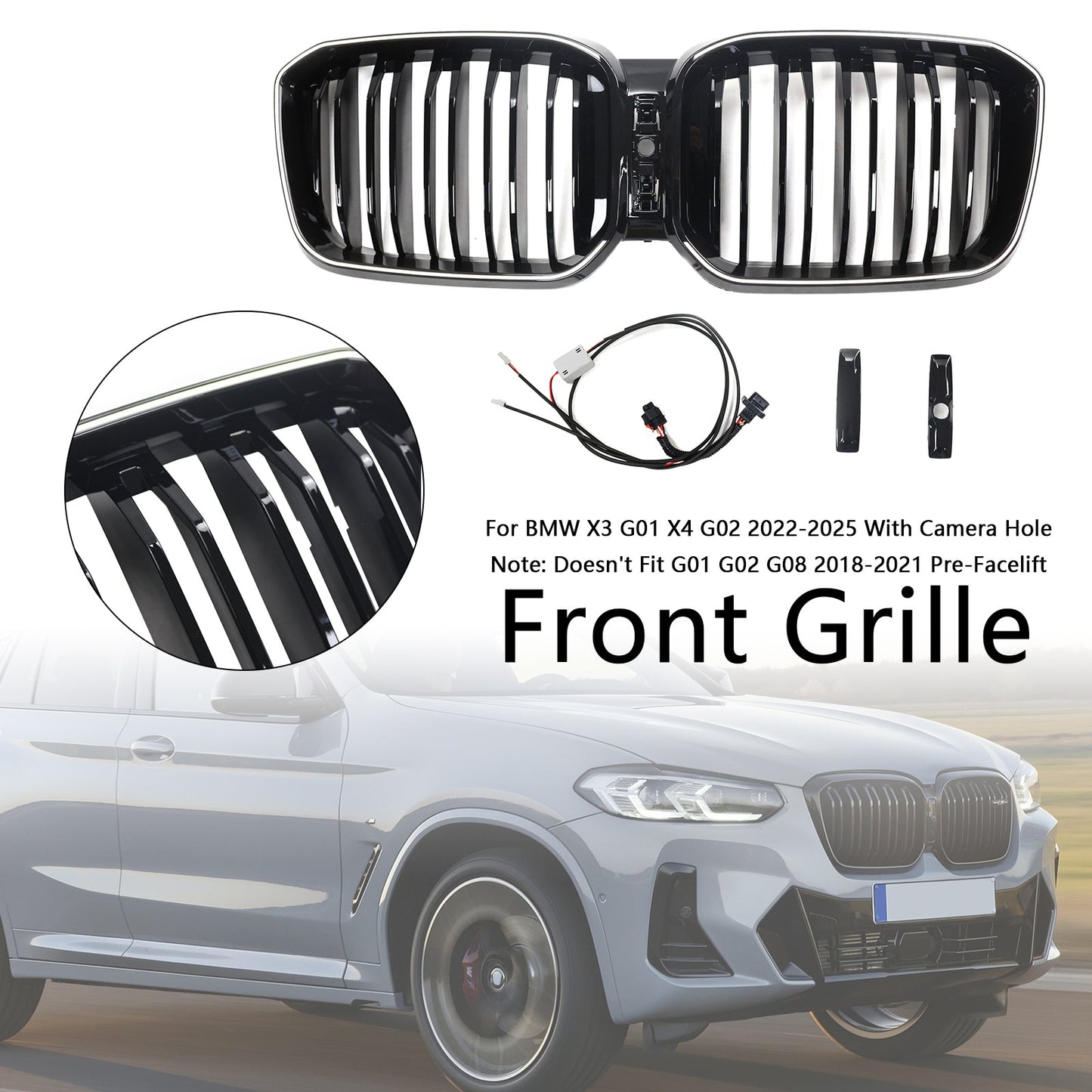 BMW X3 G01 / X4 G02 2022-2025 Black Kidney Front Grill Air Intake Radiator Bumper Grille W/ LED Strip Light