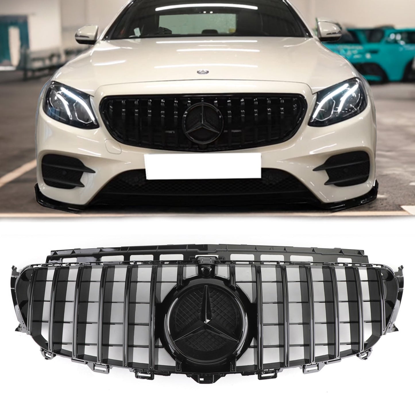 2016-2019 Mercedes Benz W213 E-Class Front Bumper Grill GTR Style Glossy Black Grille W/ Star Emblem & AMG Emblem