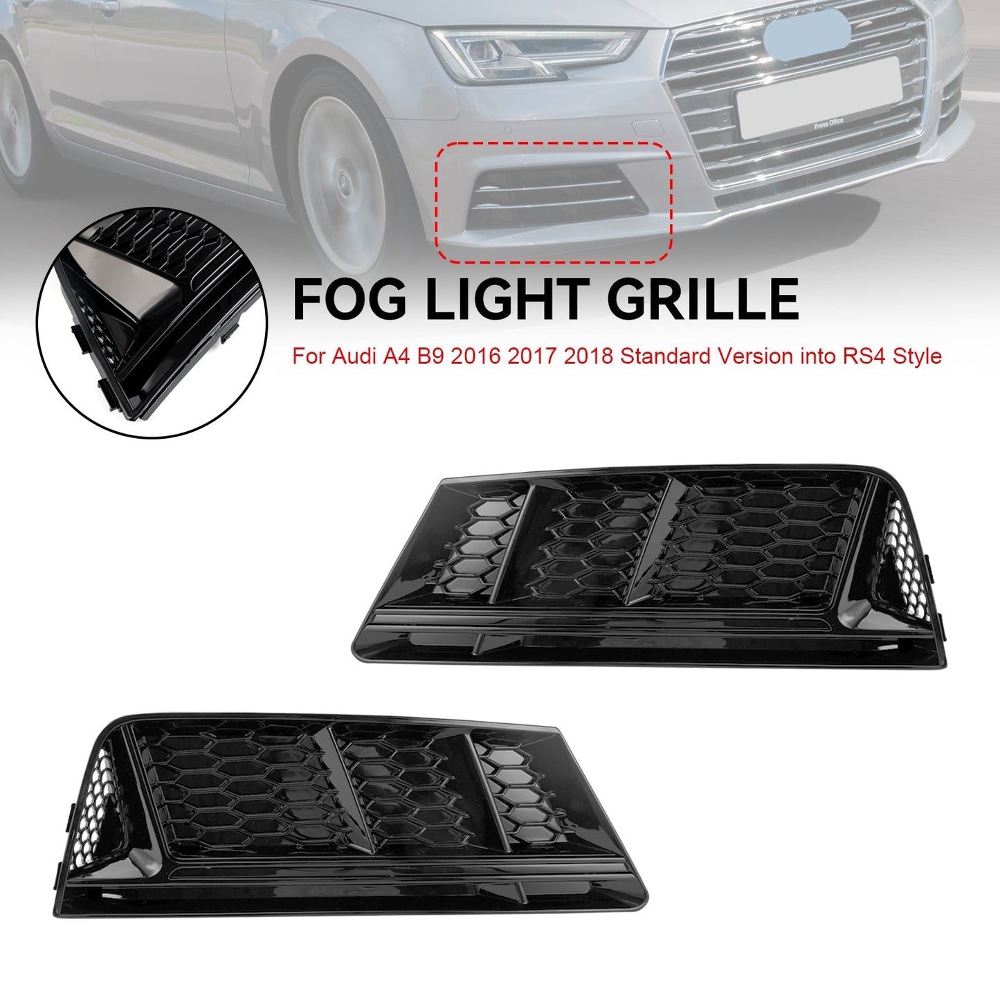 2016-2018 Audi A4 B9 Standard Version RS4 Style Front Fog Light Grill Lower Bumper Chrome