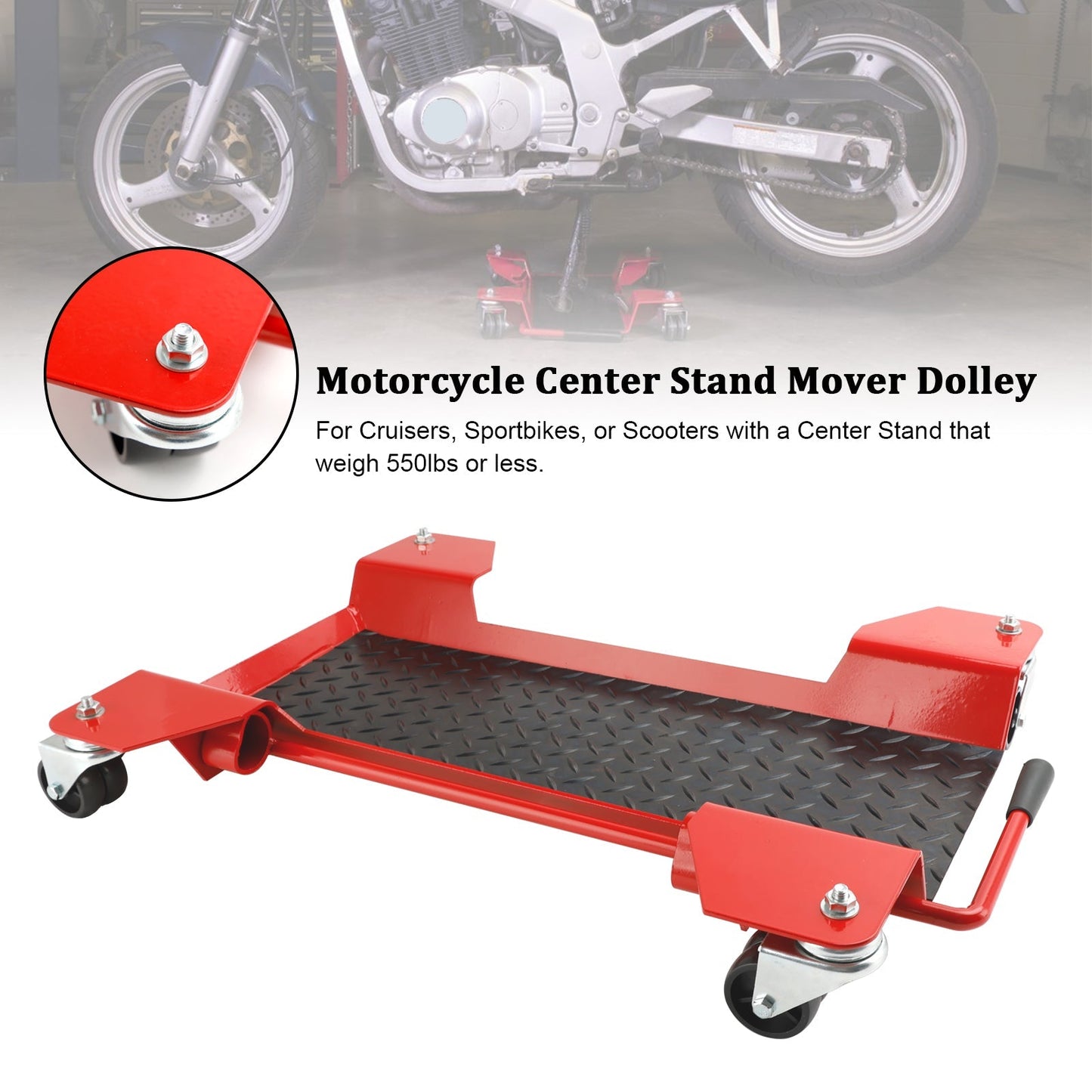 Plataforma con carrito móvil para caballete central de motocicleta con ruedas de 360 ​​grados y capacidad de 250 kg