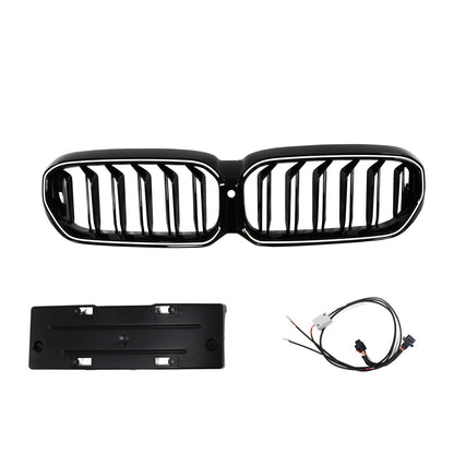 2021-2024 BMW 5 Series G30 G38 Double Slat Kidney Grille Front Bumper Replacement Gloss Black Grill With LED Strip