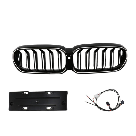 2021-2024 BMW 5 Series G30 G38 Double Slat Kidney Grille Front Bumper Replacement Gloss Black Grill With LED Strip