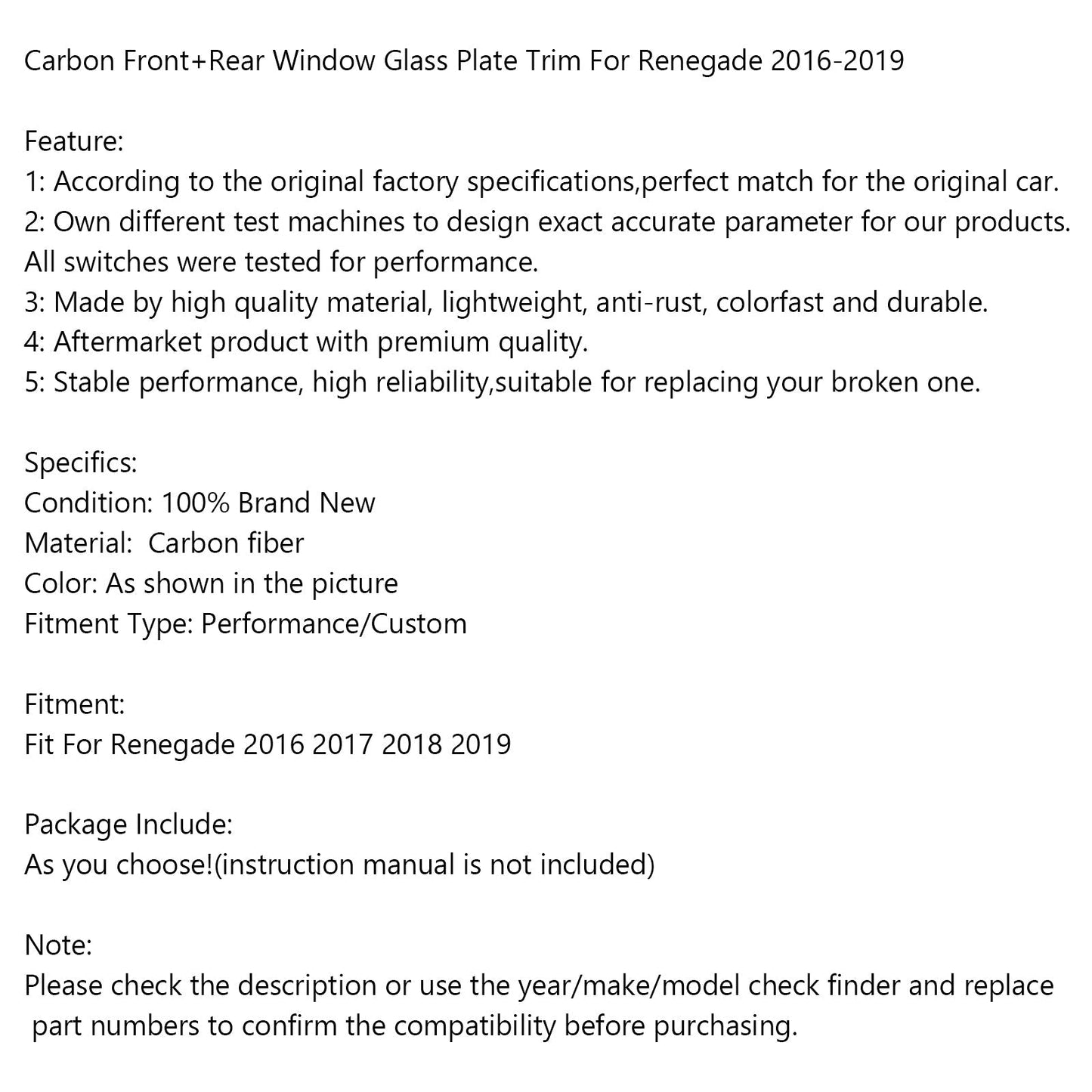 Carbon Front+Rear Triangular Window Glass Plate Trim Renegade 2016-2019