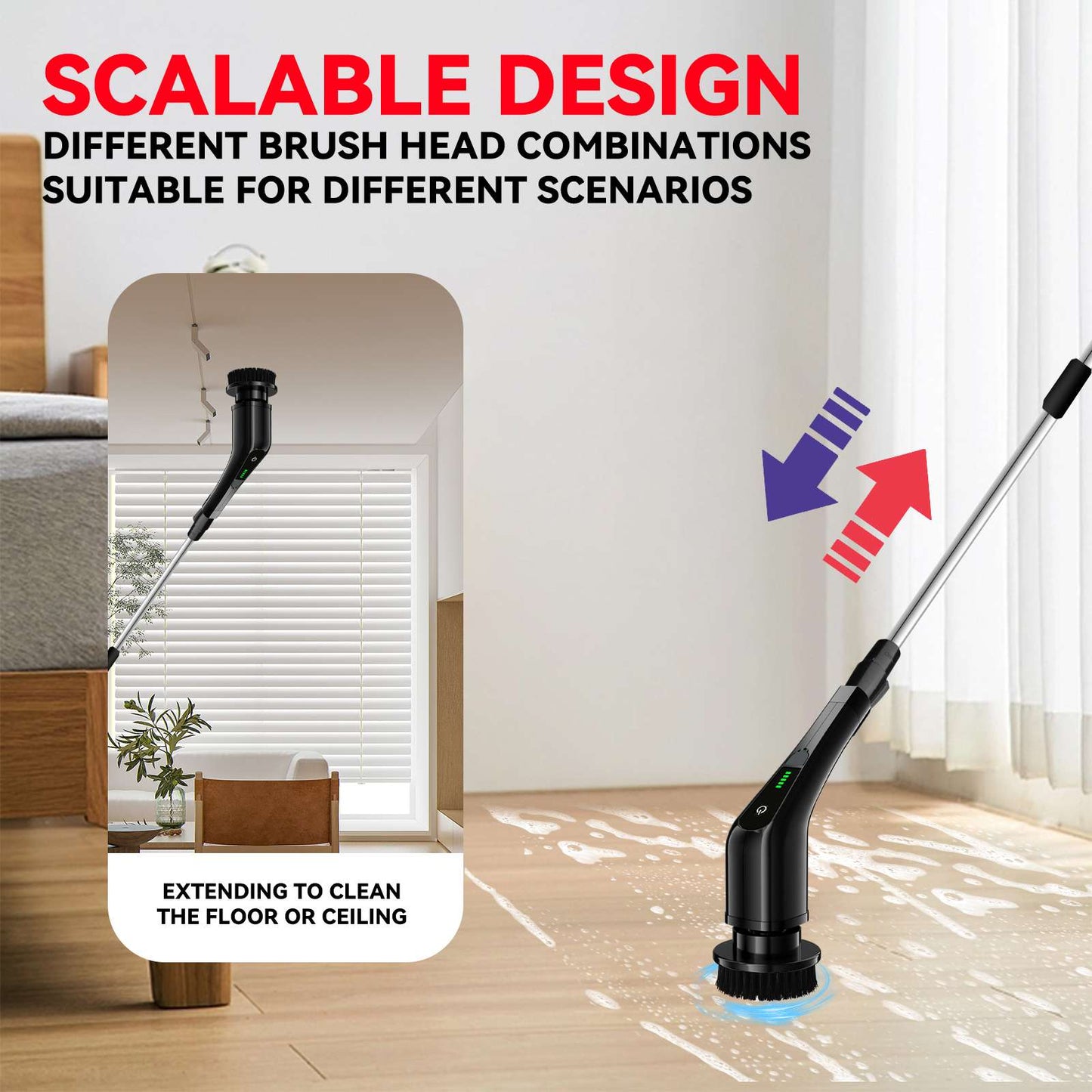 Cepillo de limpieza giratorio eléctrico con 4 cabezales para limpiar ventanas de cocina, fregaderos, platos, lechada, paredes, bañeras y techos.