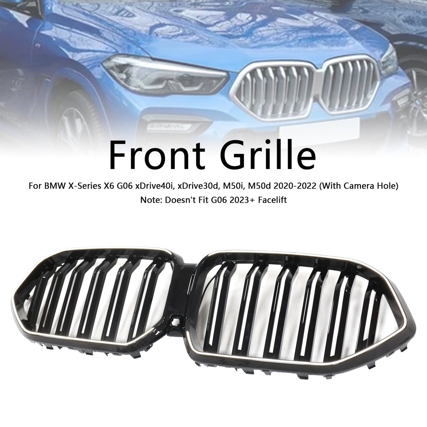 2020-2022 BMW X6 G06 M50i Gloss Black Front Bumper Grille W/Camera Hole