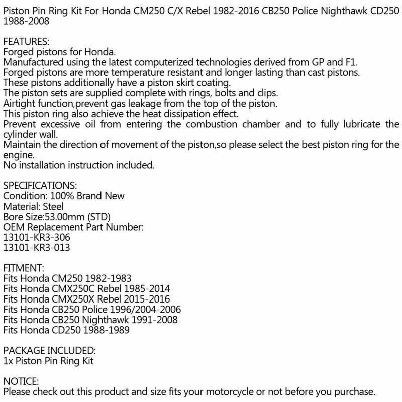 Honda 47mm Kit T4 CA Piston STD 250 x 53mm CMX Rebel 250 13101-KR3-013 Fits Ring