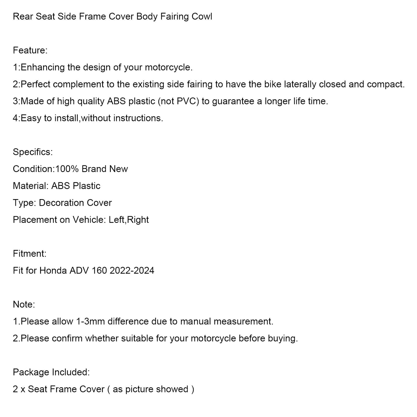 Cubierta del marco lateral del asiento trasero de la Honda ADV 160 23-24 Carenado de carrocería