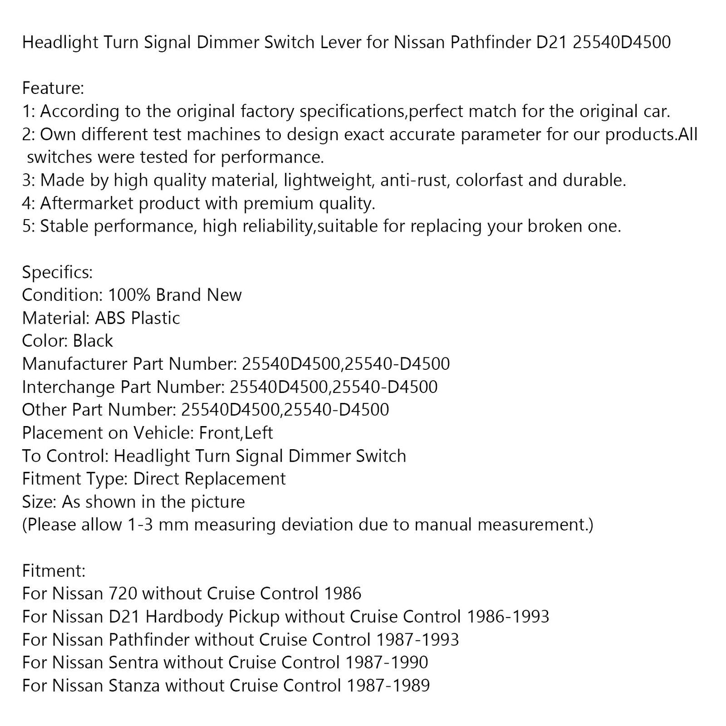 Headlight Turn Signal Dimmer Switch Lever Fits for For Nissan Pathfinder D21 25540D4500