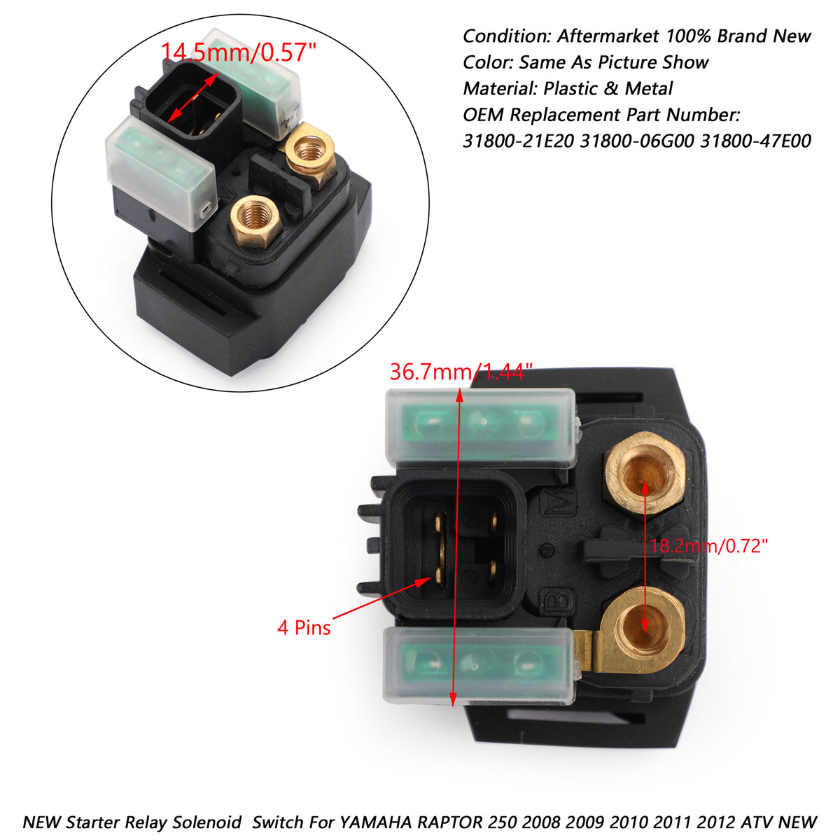 YAMAHA RAPTOR 250 2008 2009 2010 2011 2012 ATV NEW Starter Relay Solenoid