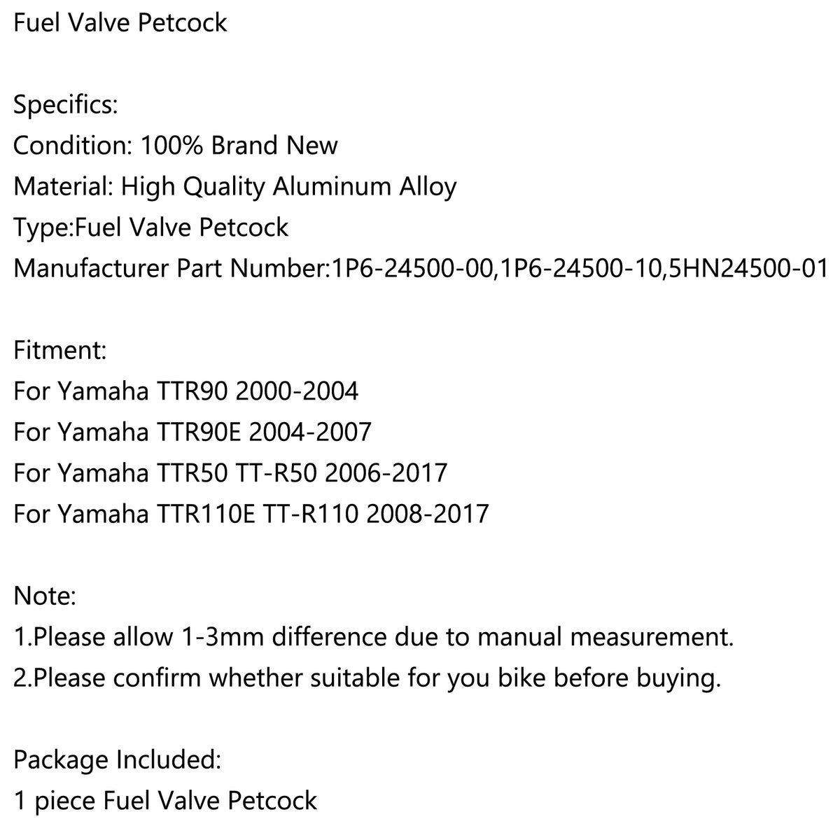 TTR90 TTR50 TTR110E TTR110 Yamaha 1P6-24500-00 Gas Fuel Petrol Valve Petcock