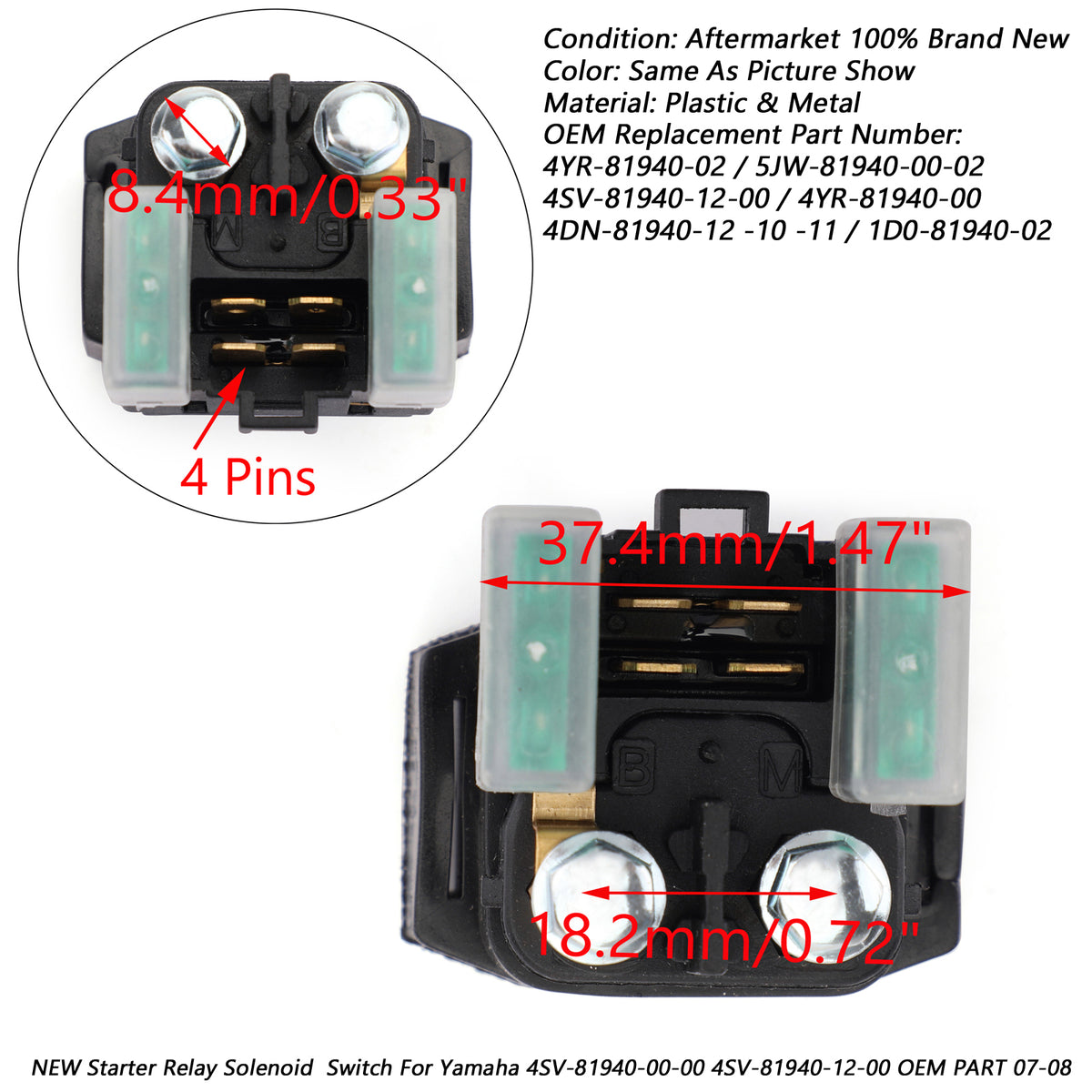 2007-2008 Yamaha 4SV-81940-00-00 4SV-81940-12-00 Starter Relay Solenoid Oem Part