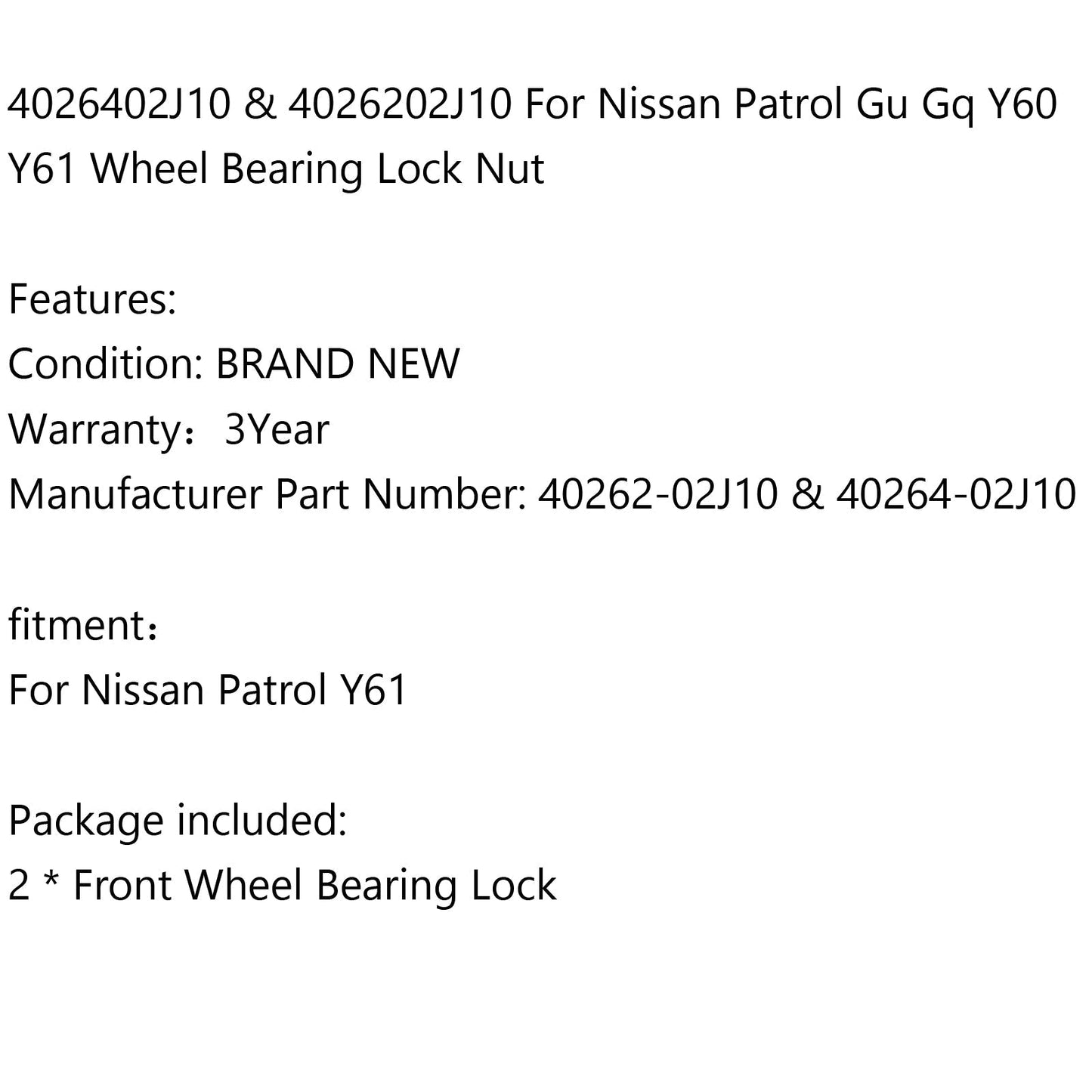 Écrou de blocage de roulement de roue 4026402J10 et 4026202J10 pour Nissan Patrol GU GQ Y60 Y61