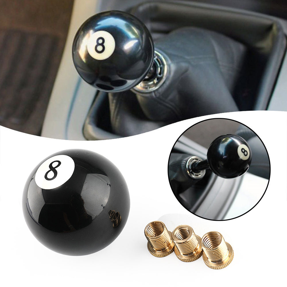 Pommeau de levier de vitesse universel rond noir en forme de boule de billard n° 8 avec 3 adaptateurs