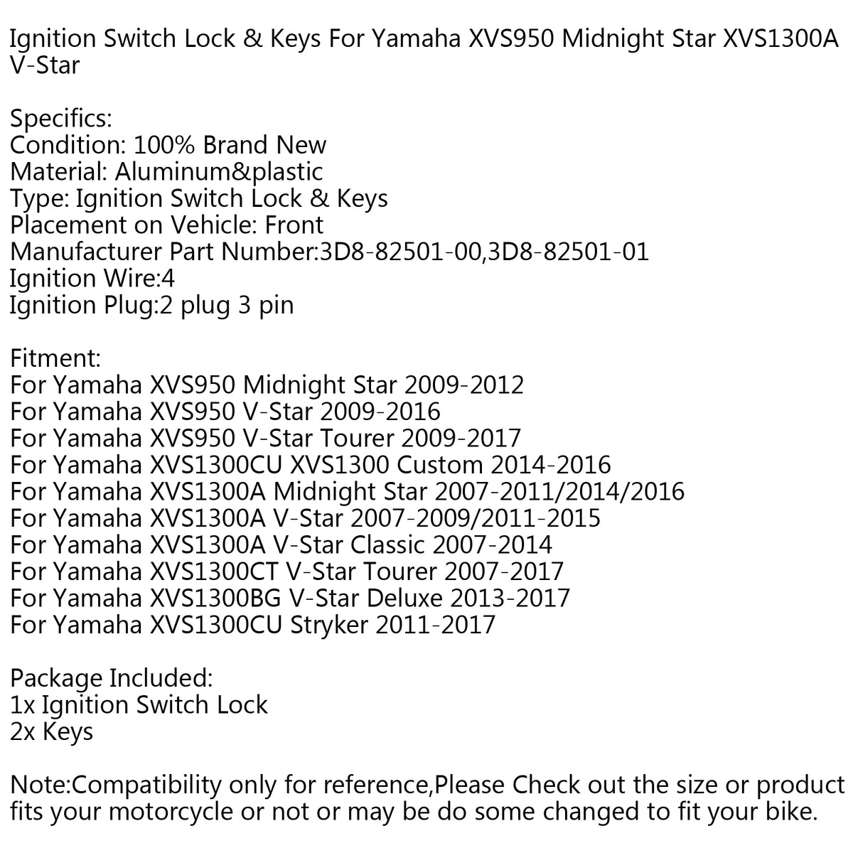 XVS950 V-Star XVS1300A XVS1300BG Yamaha Ignition Switch Lock Keys