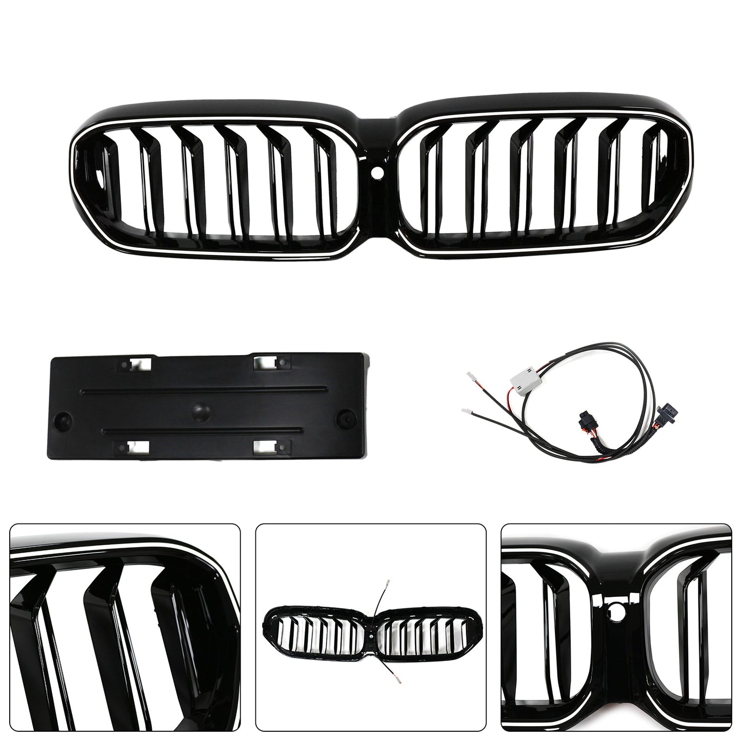2021-2024 BMW 5 Series G30 G38 Double Slat Kidney Grille Front Bumper Replacement Gloss Black Grill With LED Strip
