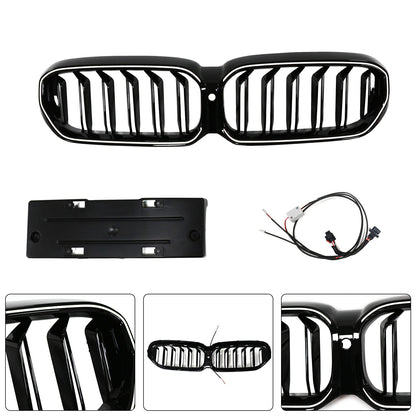 2021-2024 BMW 5 Series G30 G38 Double Slat Kidney Grille Front Bumper Replacement Gloss Black Grill With LED Strip