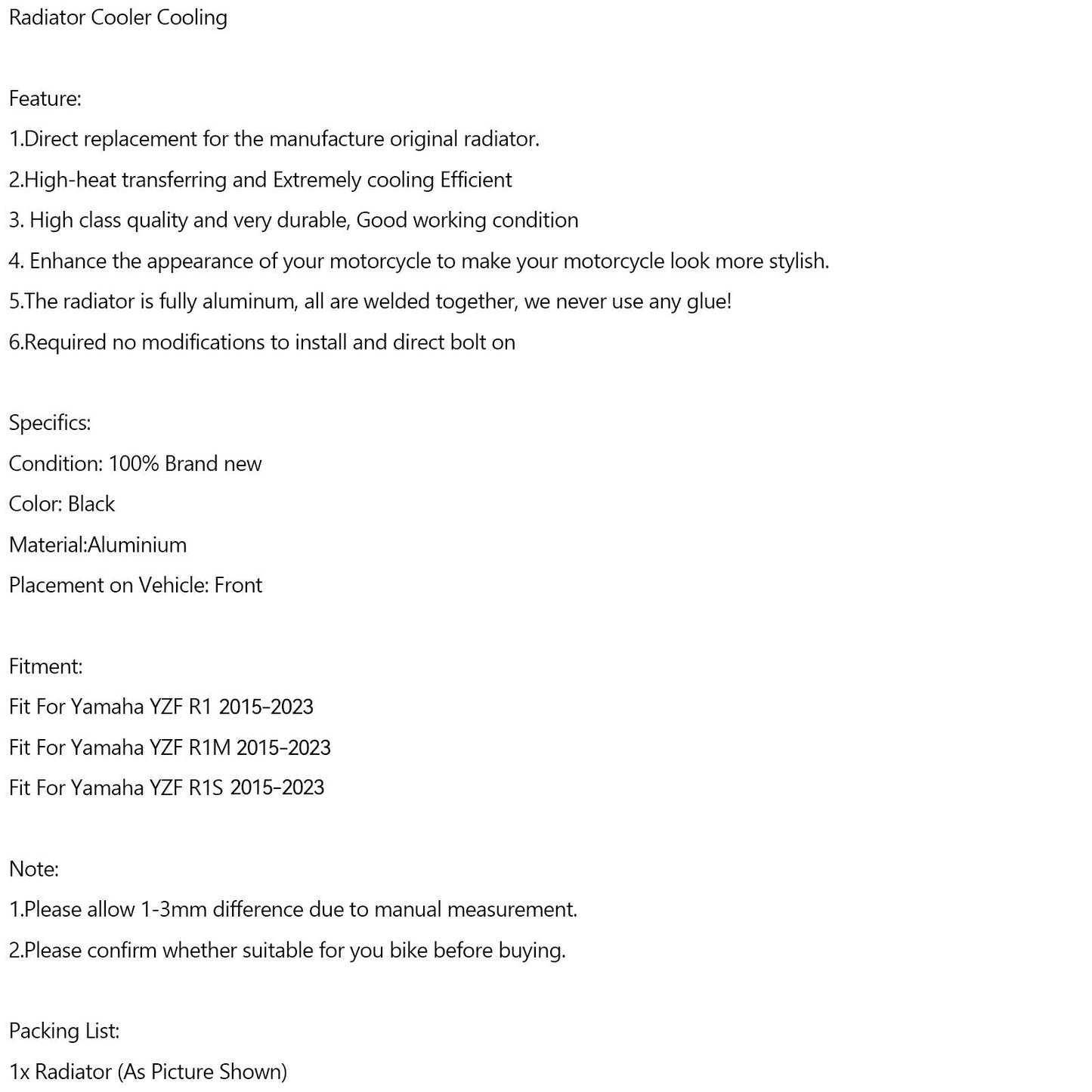 Enfriador de radiador de aluminio para motor Yamaha YZF R1, R1M y R1S (2015-2023)