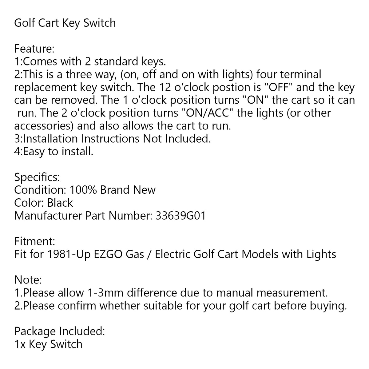 1981+ Cart - 4 Prong w/Factory Lights Gas & Electric Ezgo 33639G01 Key Switch