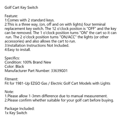 1981+ Cart - 4 Prong w/Factory Lights Gas & Electric Ezgo 33639G01 Key Switch