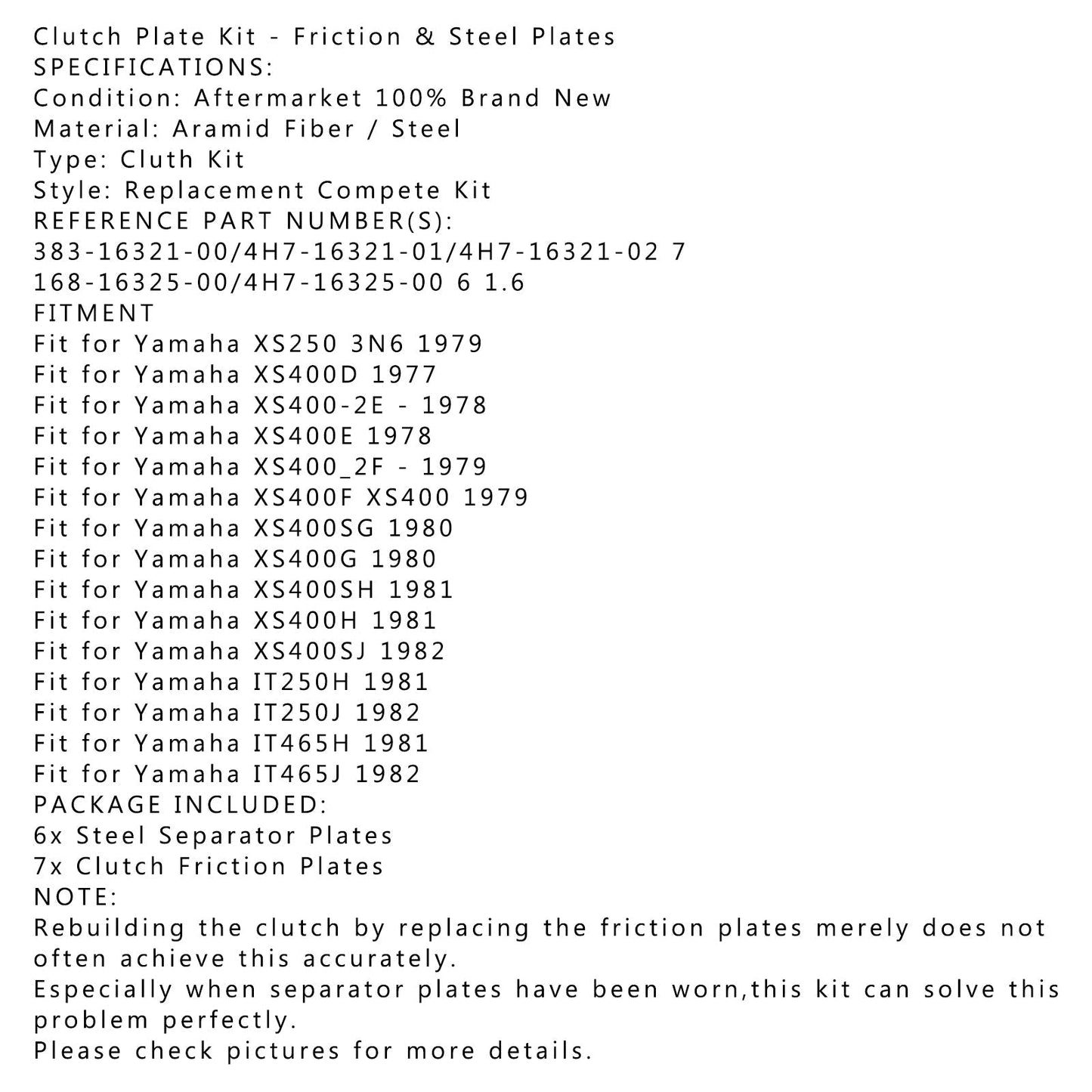 Kit de embrague de acero y placas de fricción para Yamaha XS250 XS400 IT250 IT465
