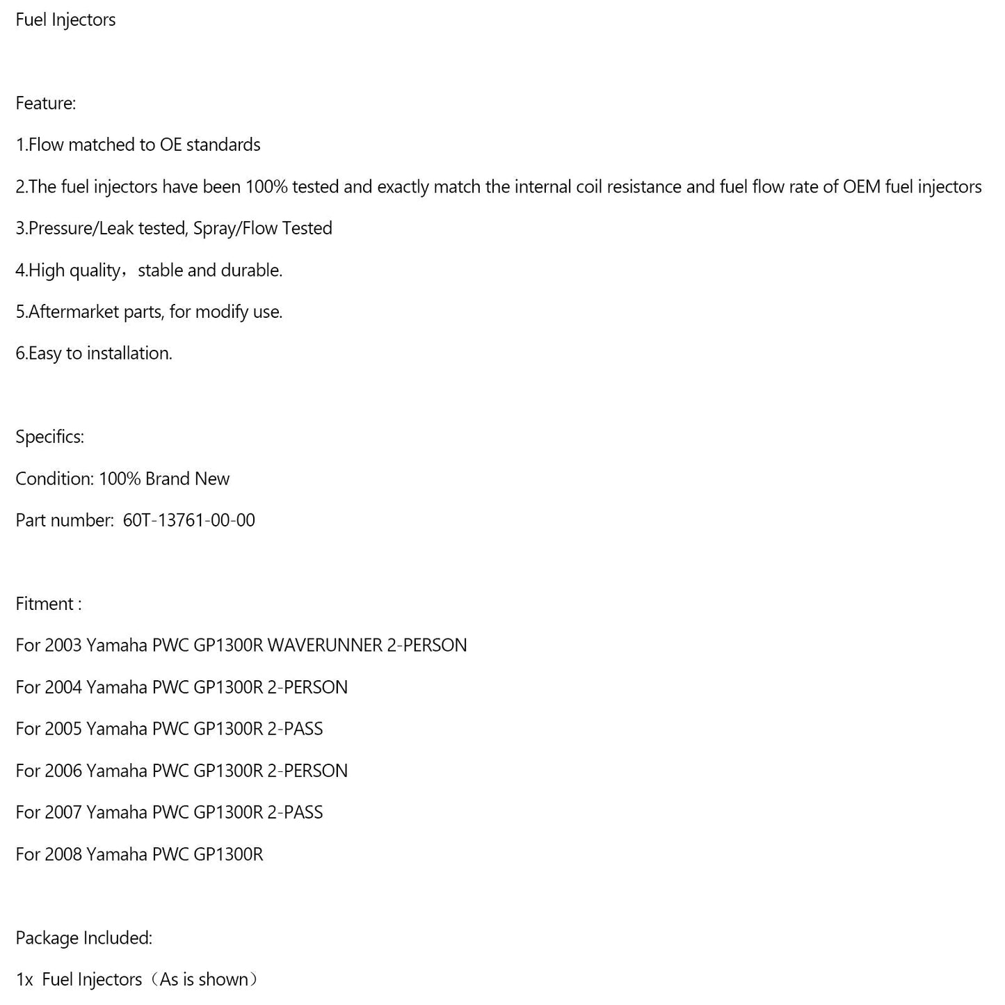 Fuel Injector Assembly 60T-13761-00-00 For For Yamaha GP1300R 2003-2008