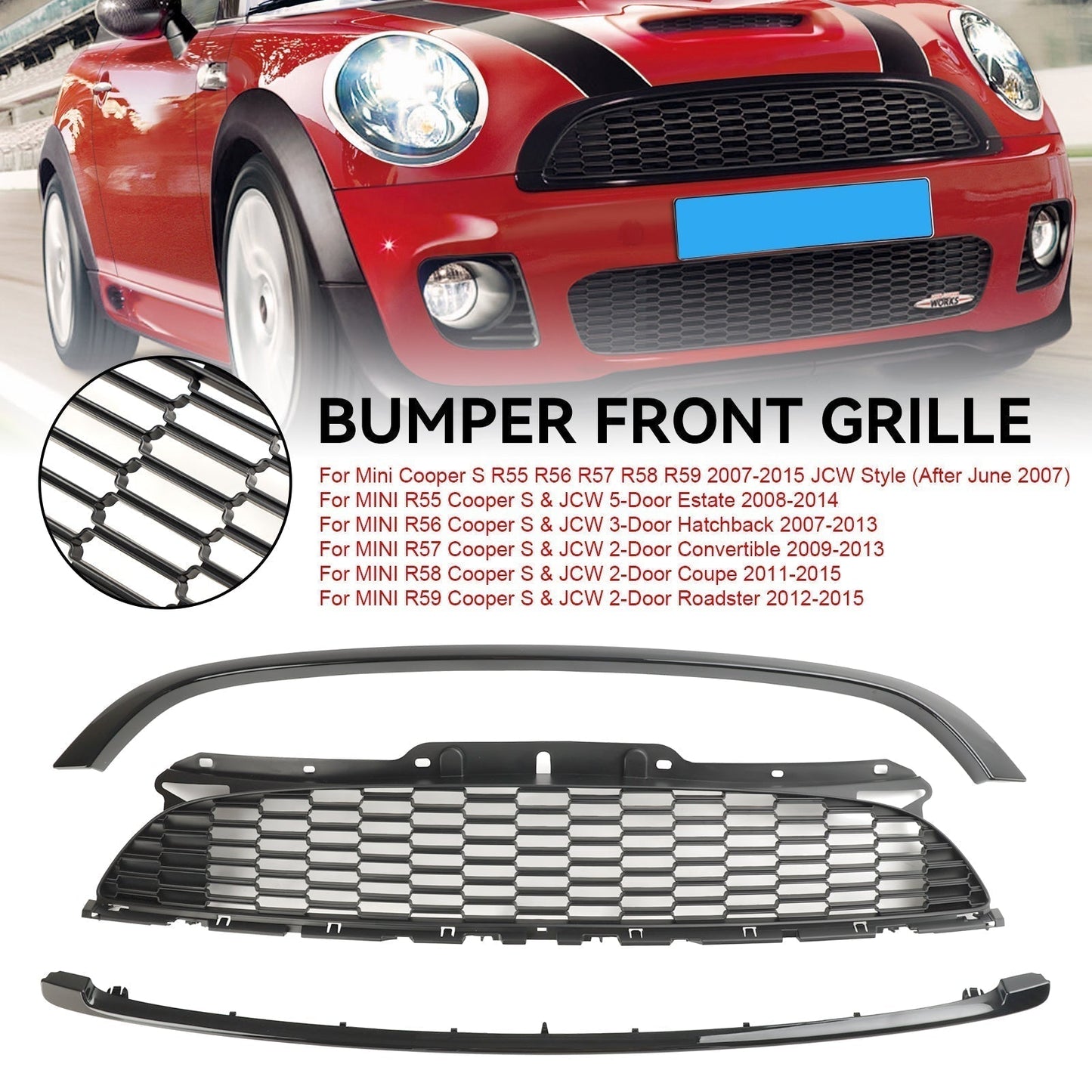 Mini 2012-2015 R59 Cooper S & JCW 2-Door Roadster 3PCS Gloss Black Front Grille Grill