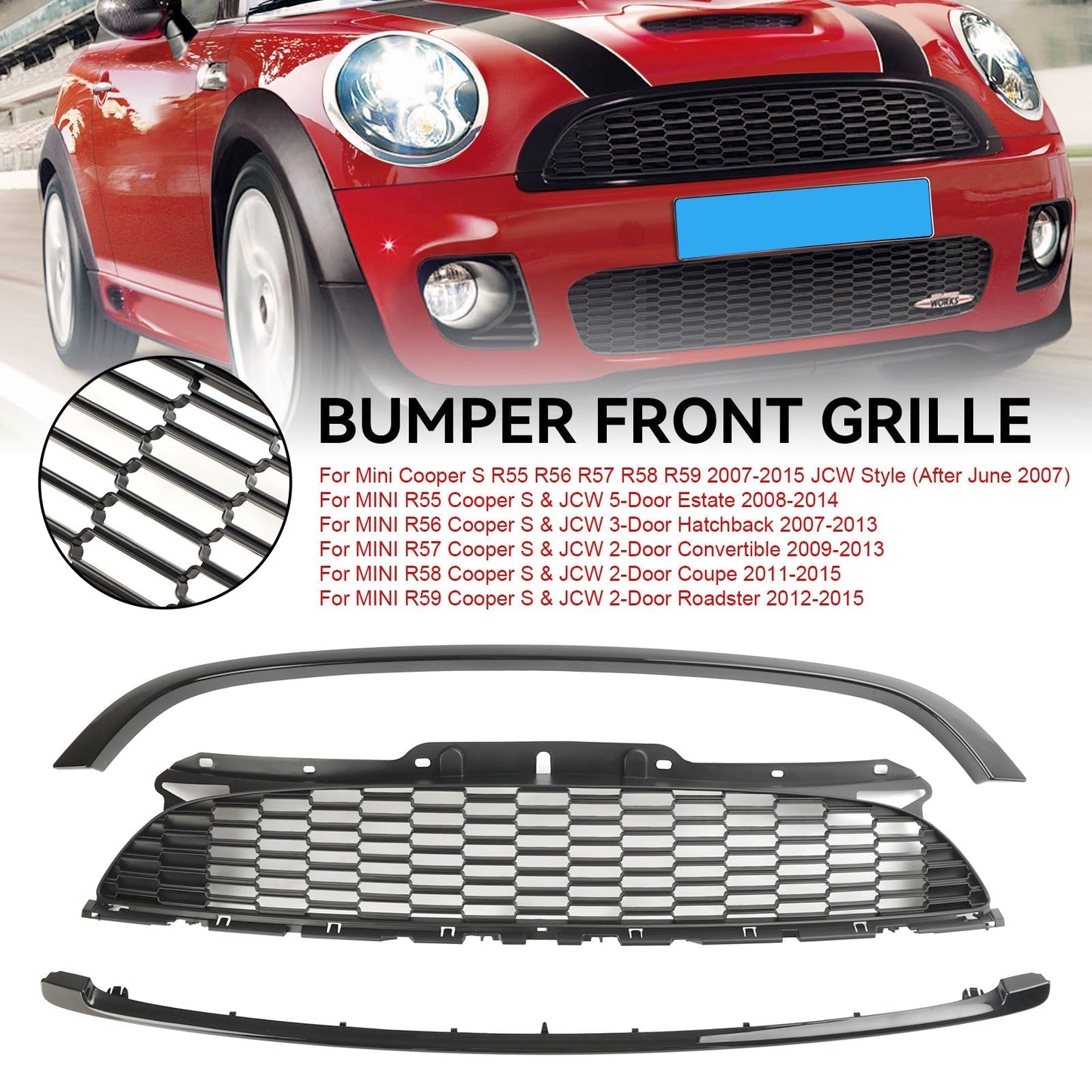 2007-2013 Mini R56 Cooper S & JCW 3-Door Hatchback 3PCS Gloss Black Front Grille Grill