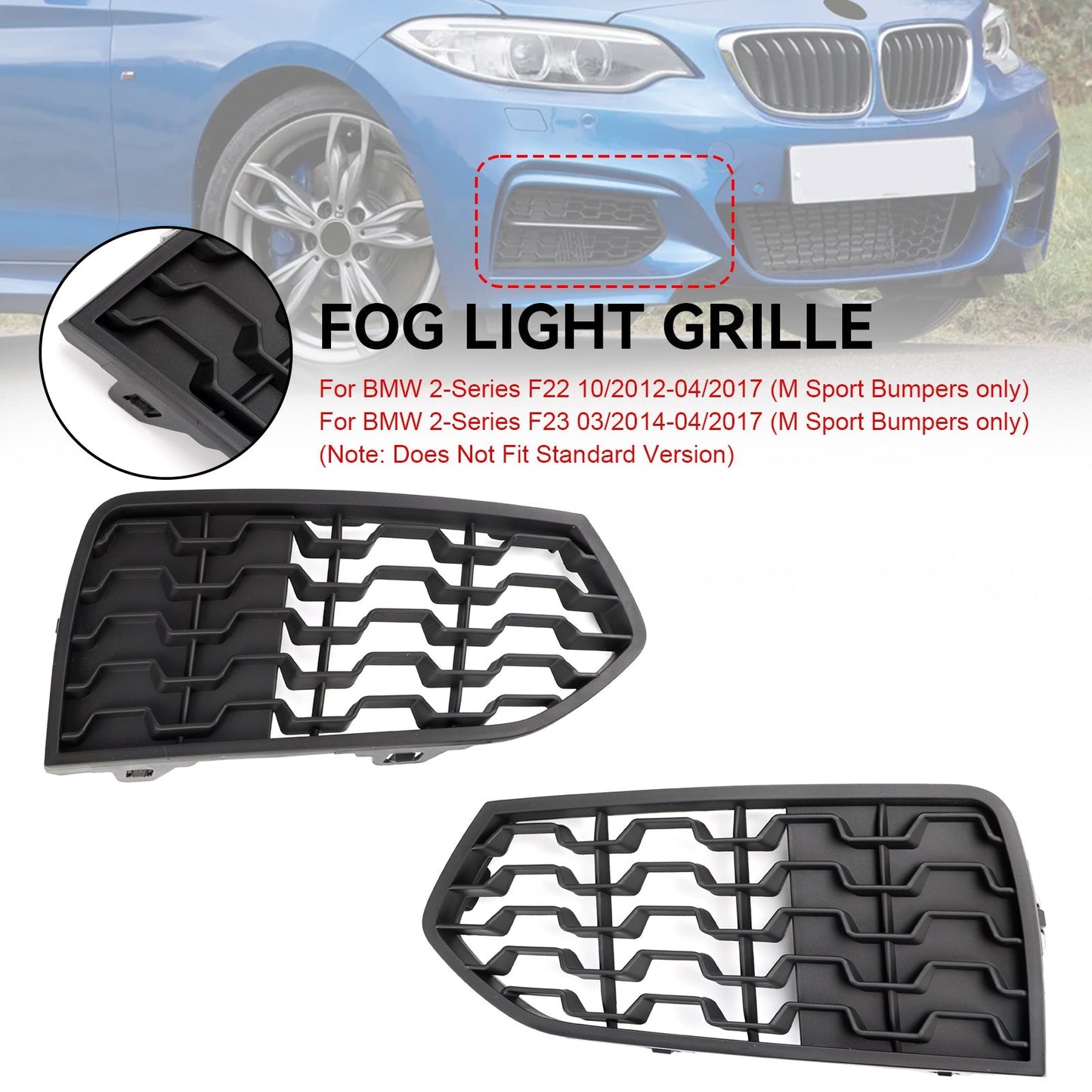 2012-2017 BMW 2-Series F22 F23 M Sport Bumpers Front Bumper Fog Light Grill Black Grille