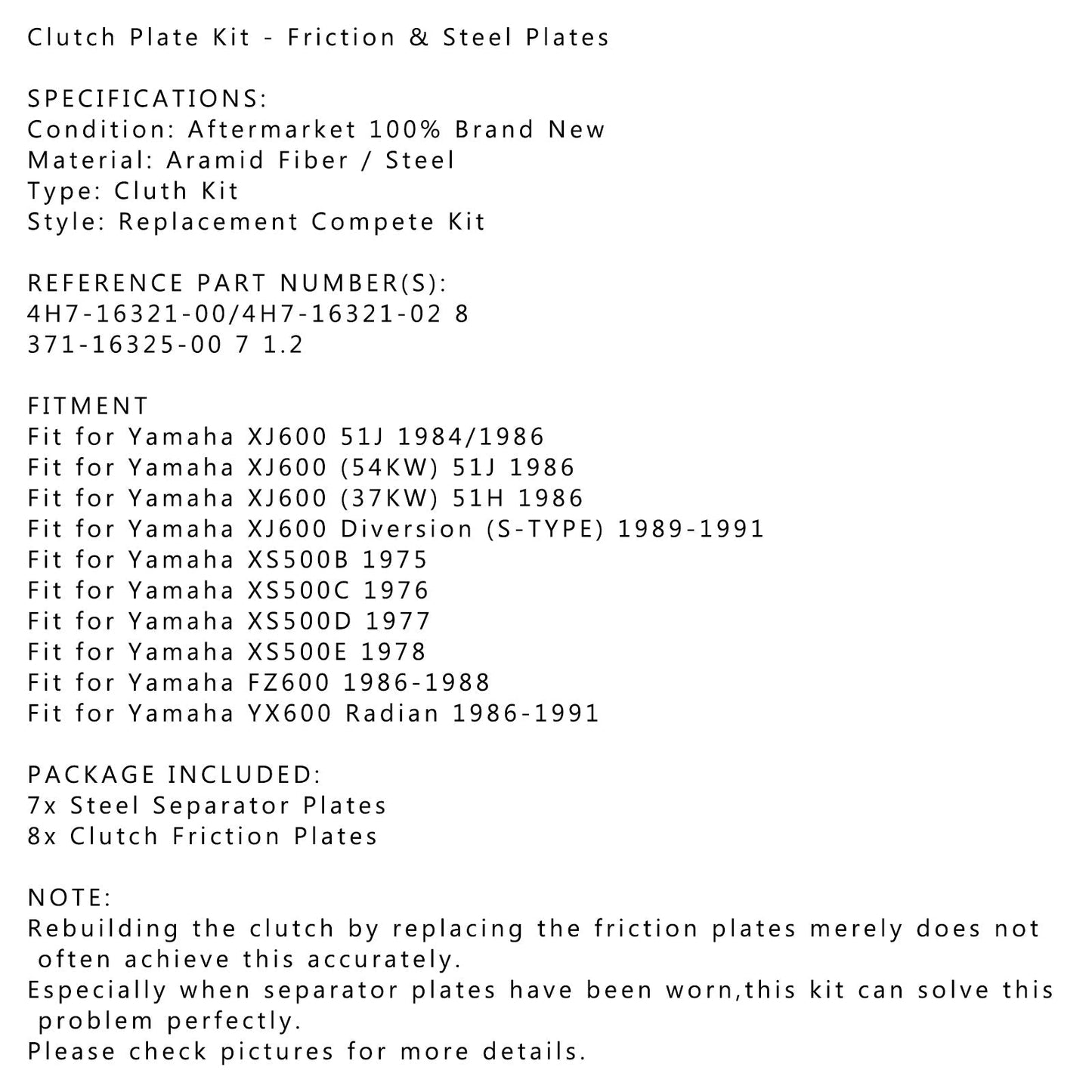 Kit de embrague de acero y placas de fricción compatibles con Yamaha XJ600 51J XS500 FZ600 YX600