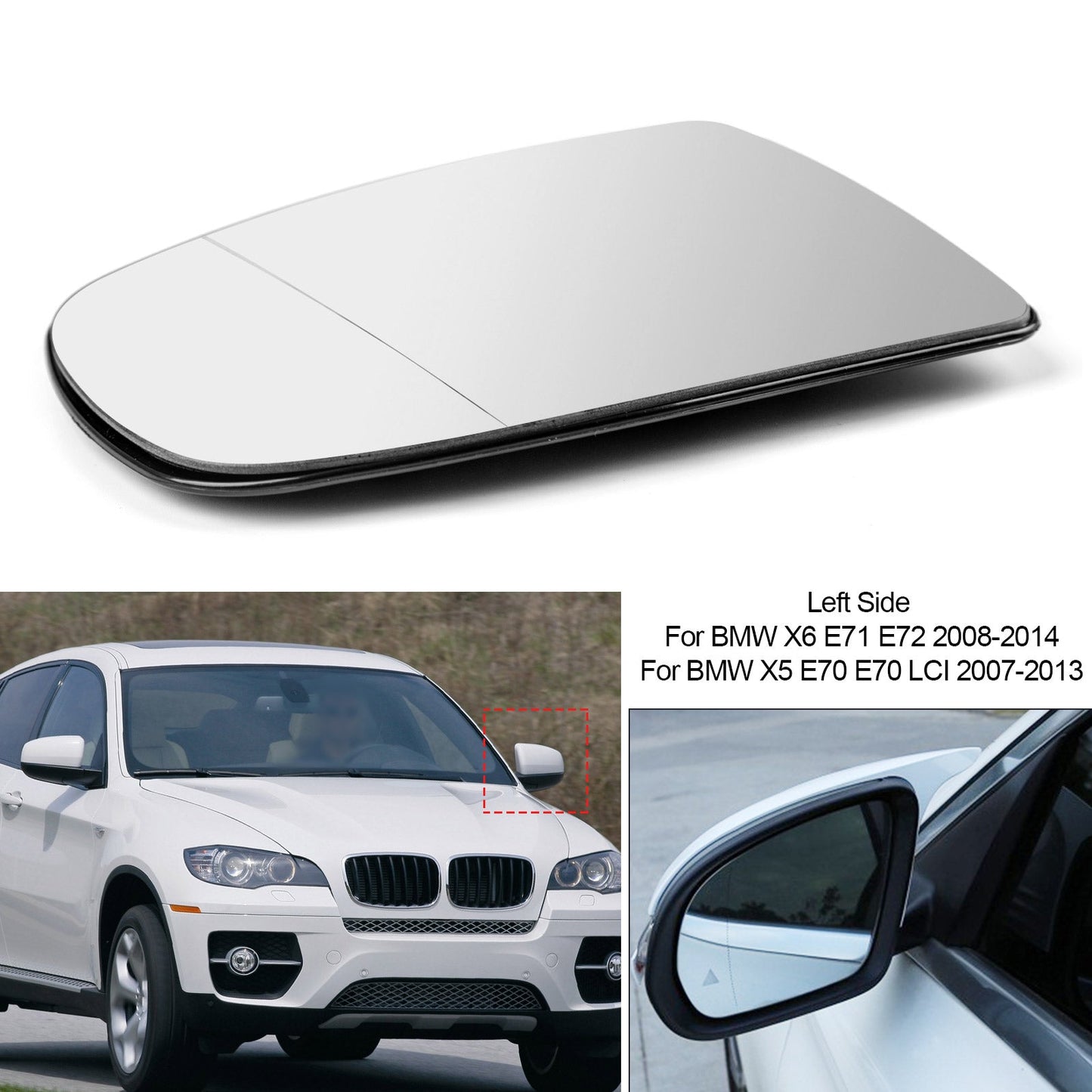 2008-2014 BMW X5 X6 E72 E71 E70 Left Heated Wing Side Mirror White Glass