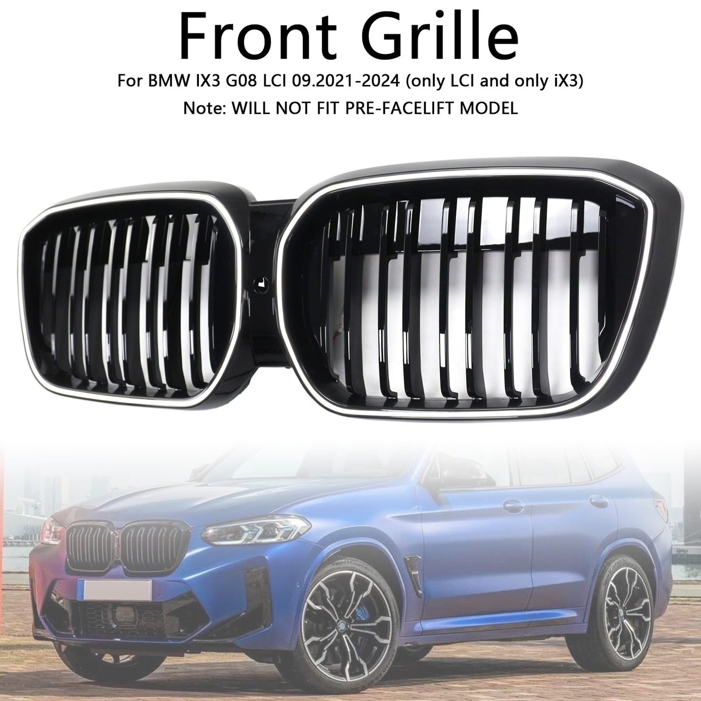 2022-2024 Double Slat Black Front Kidney Grill Grille Fit BMW IX3 G08 LCI