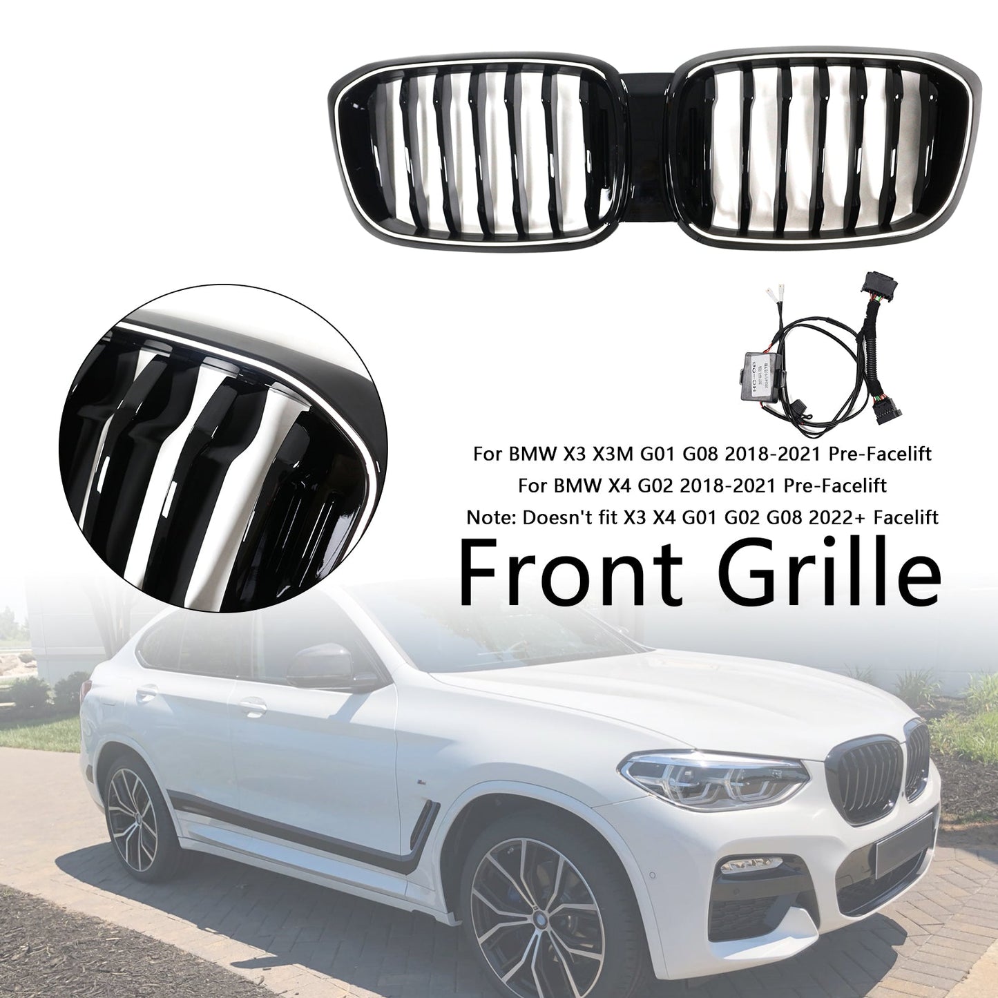 2018-2021 Gloss Black Front Kidney Mesh Grill Grille Fit BMW X4 G02 X3 G01 G08