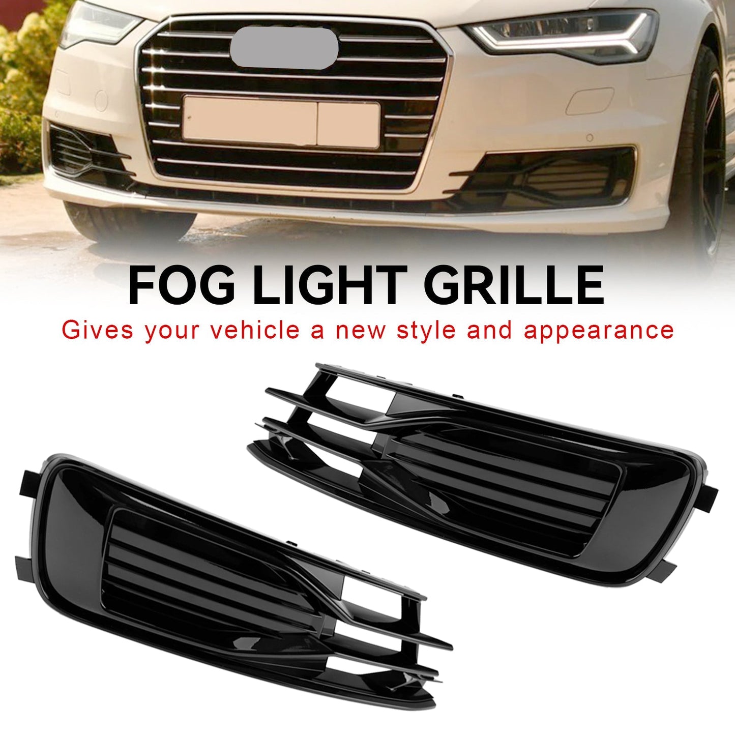 Audi 2014-2018 A6 C7 4G0807647T94 4G0807648T94 2PCS Front Bumper Foglight Cover Grill Grille Black