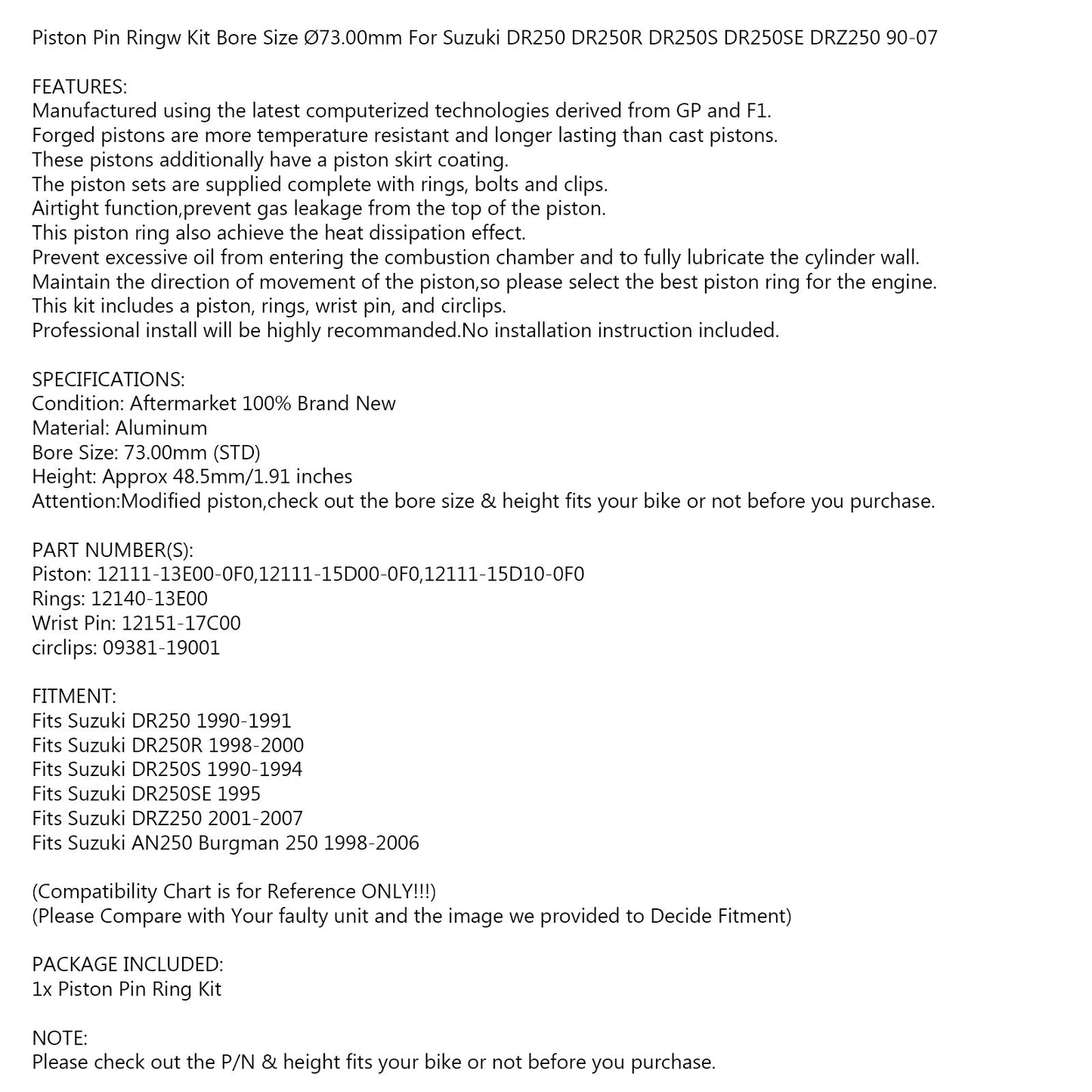 Kit de segments de piston pour Suzuki AN250 Burgman 250 1998-2006, alésage 73,00 mm