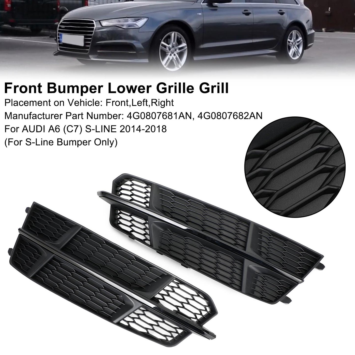 2016-2018 Audi A6 C7 S-Line Bumper Front Bumper Lower Grille Grill Matt Black 4G0807681AN 4G0807682AN Generic