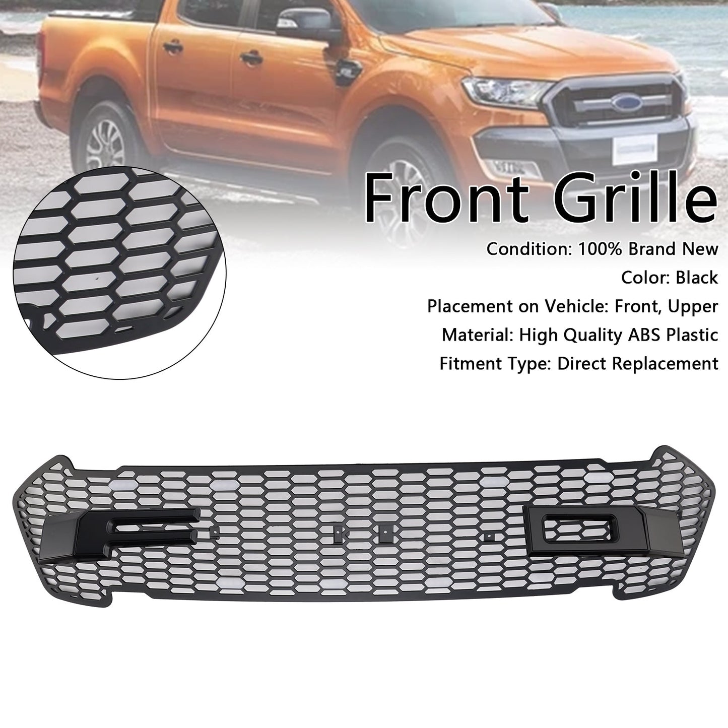 2015-2019 Matte Black Front Bumper Grill Grille Fit Ford Ranger T7 W/LED